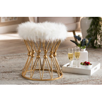 Baxton Studio FJ5A-025-White/Gold-Otto Leonie Glam and Luxe White Faux Fur Upholstered Gold Finished Metal Ottoman